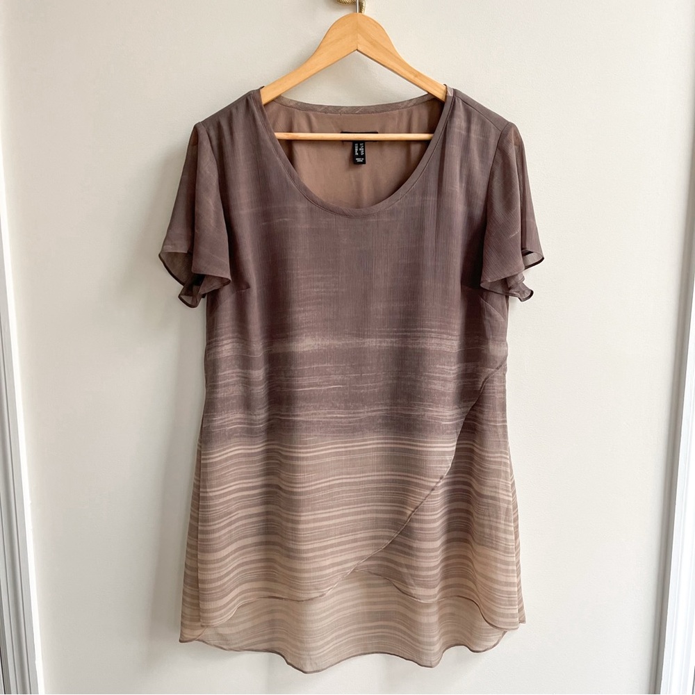 H by Halston Ombre Watercolor Chiffon Overlay Flutter Sleeve Tunic Tee Taupe MP